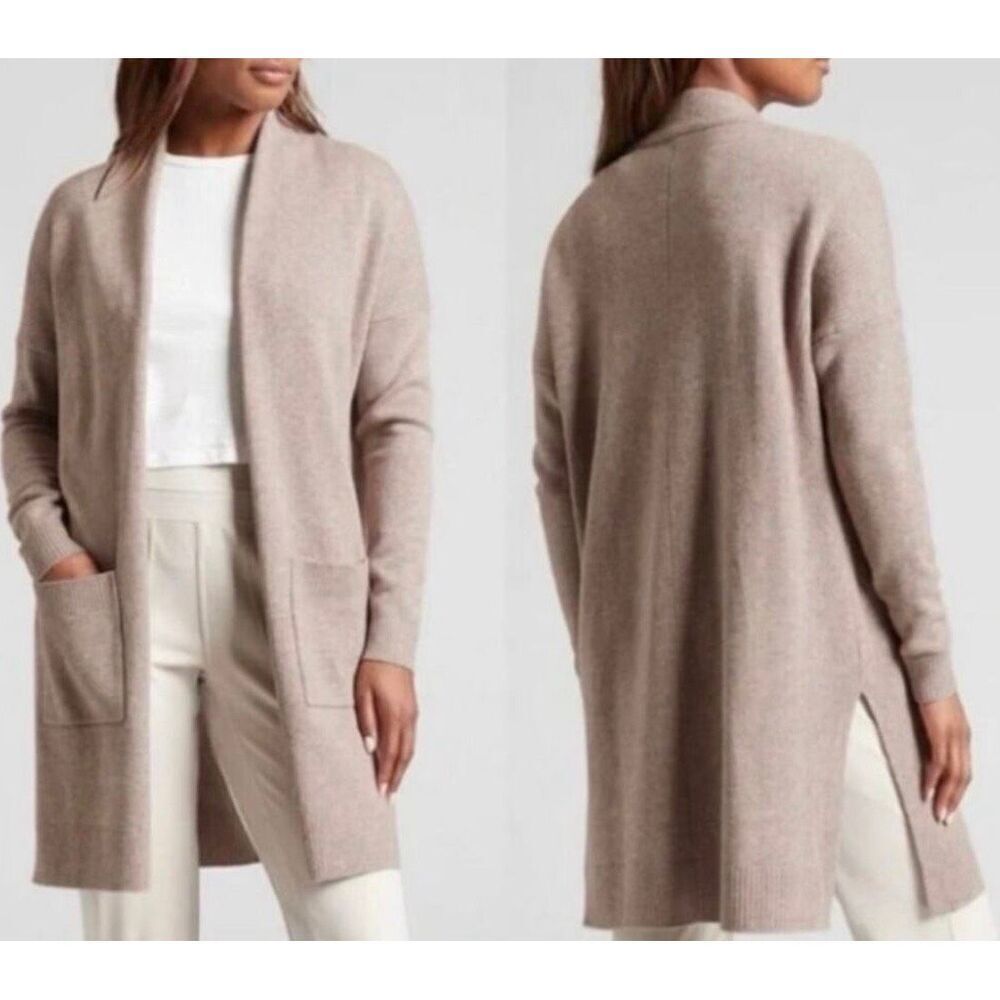 ATHLETA Spirit Wool Cashmere tan Open long CARDIGAN SWEATER sz XS